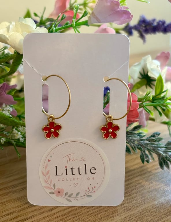 Red Flower Hoop Earrings, Enamel Floral Charms, Handmade Jewellery