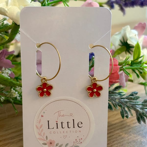 Red Flower Hoop Earrings, Enamel Floral Charms, Handmade Jewellery