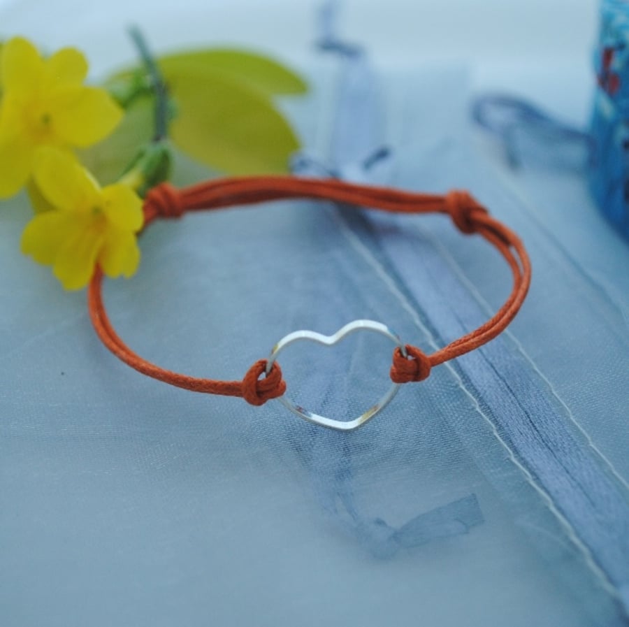 Friendship Bracelet-Orange cord with silver heart