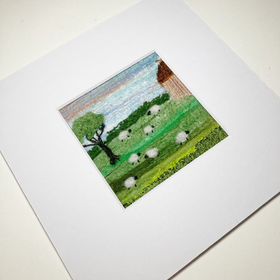 Silk and wool textile art, field of sheep 8x8