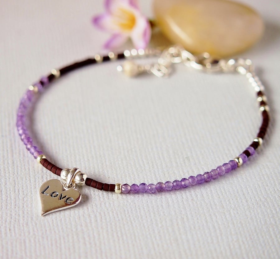 Purple Amethyst Gemstone Bracelet - Love Charm - Minimalist - Sterling Silver