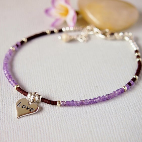 Purple Amethyst Gemstone Bracelet - Love Charm - Minimalist - Sterling Silver