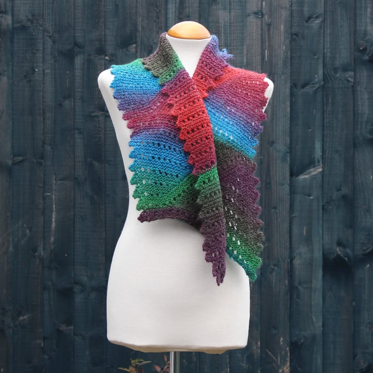 Knitted Eyelet Lace Scarf in mulitcoloured gradient yarn