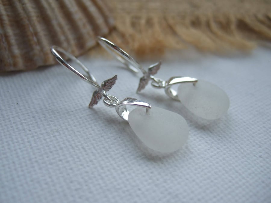 Angelwings...Scottish white sea glass sterling silver earrings, elegant earrings