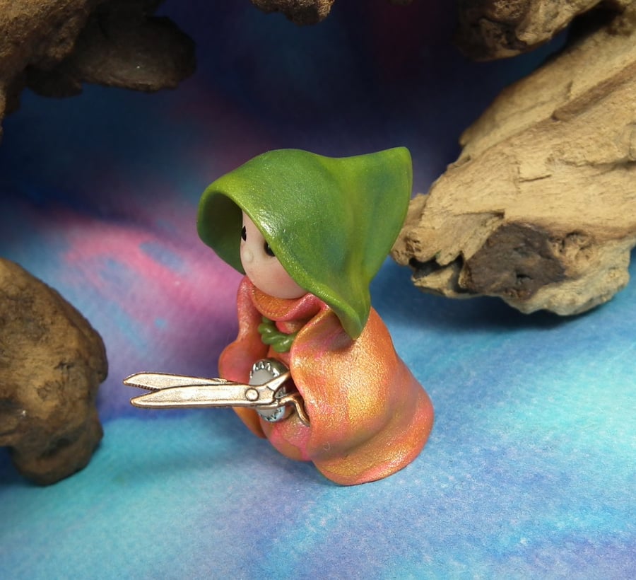 Tiny Gnome Maiden Seamstress 'Mari' with scissors OOAK Sculpt by Ann Galvin