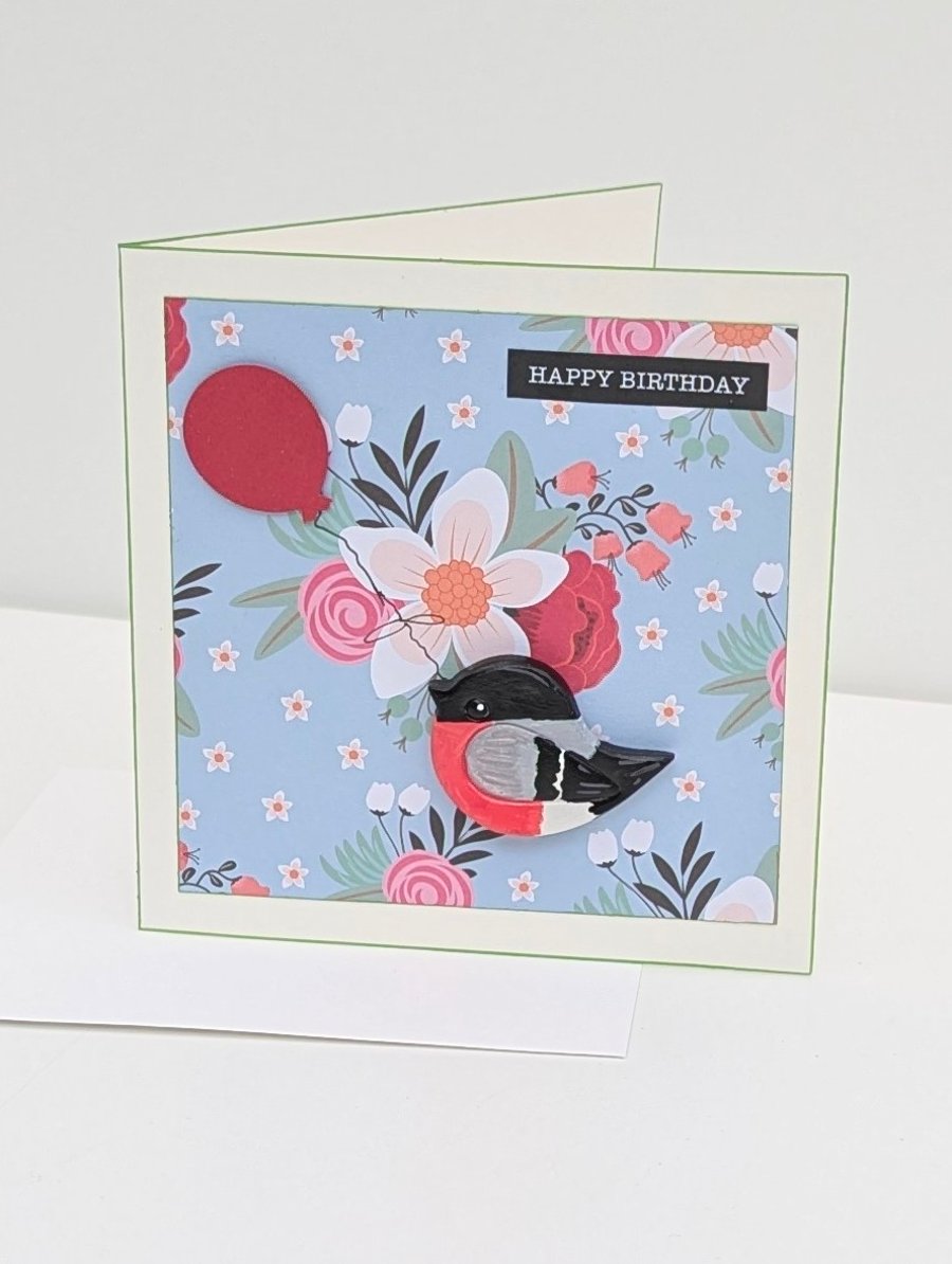 Handmade birthday card with removable clay bullfinch fridge magnet keepsake 