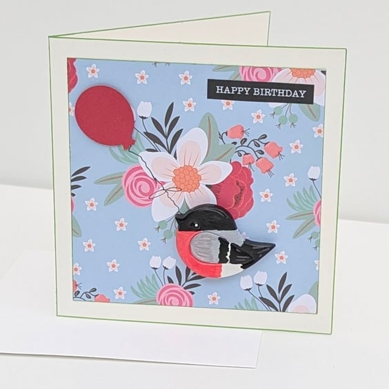 Handmade birthday card with removable clay bullfinch fridge magnet keepsake 