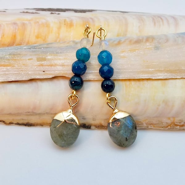 Labradorite & Peacock Agate Drop Earrings, Birthday, Anniversary, Gifts For Her