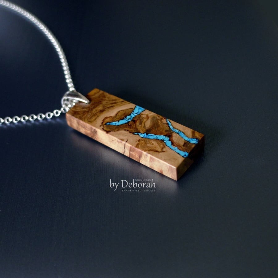 Rectangle Bar Pendant With Turquoise Stone Inlay & Sterling Silver Chain
