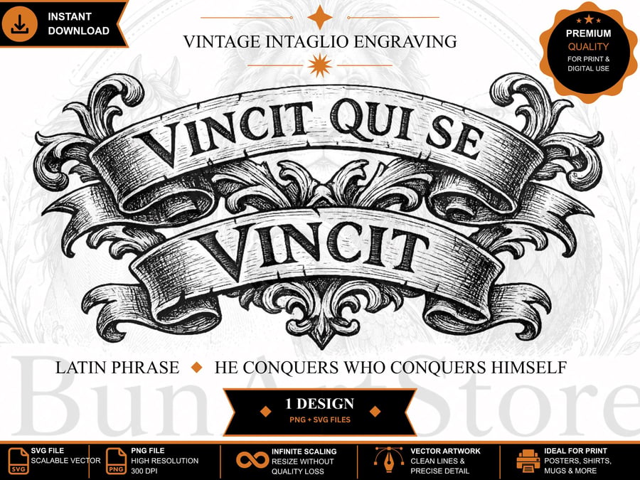 Vintage Intaglio Engraving Latin Quote SVG PNG Stoic Wall Art (Digital Download)