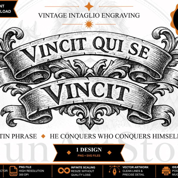 Vintage Intaglio Engraving Latin Quote SVG PNG Stoic Wall Art (Digital Download)