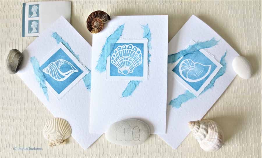 Set of three artist cards handmade blank sea shells cards any occasion