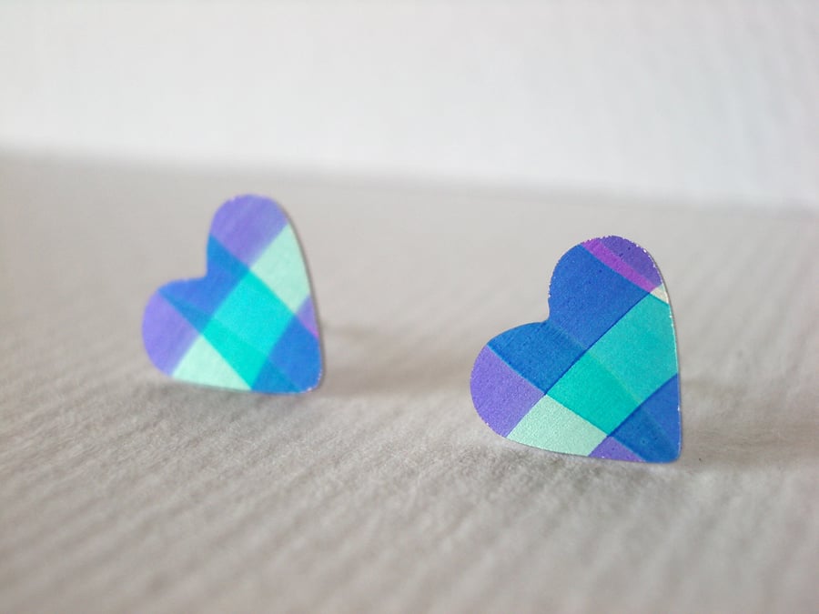 Heart stud earrings in purple and turquoise