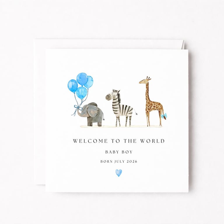 New Baby Boy Custom Personalised Card - Safari Animal Theme 