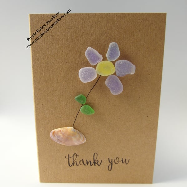  Purple Coloured Sea Glass Flower Thank You Card C112