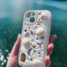 'MEGAN' SEASHELL PHONE CASE, HANDMADE WITH TRINKETS & SEA SHELLS FROM CORNWALL