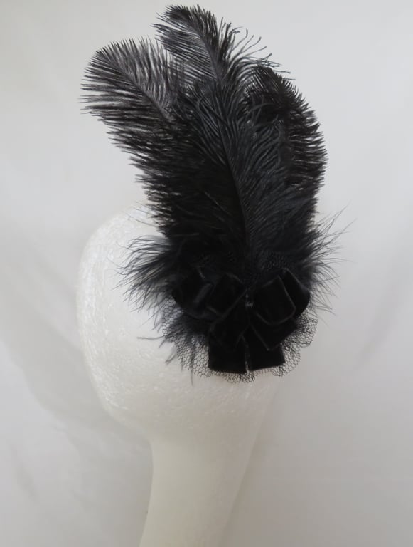 Regency Black Feather Fascinator – Velvet Ribbon Bow Hair Clip Headpiece
