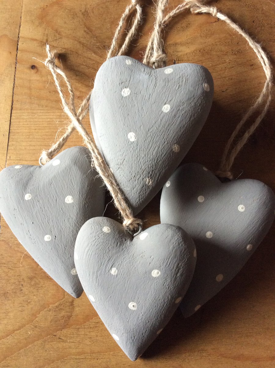 Grey Hand Painted Spotty Wooden Heart