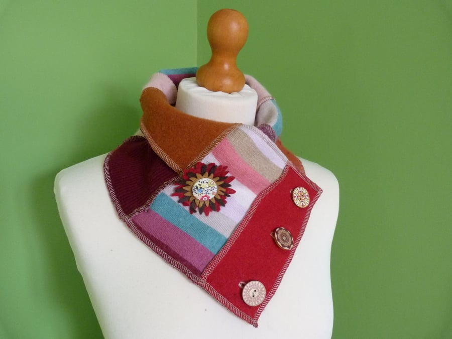 Neck Warmer Scarf with 3 button Trim. Upcycled Cowl. Felt Flower. Orange Red