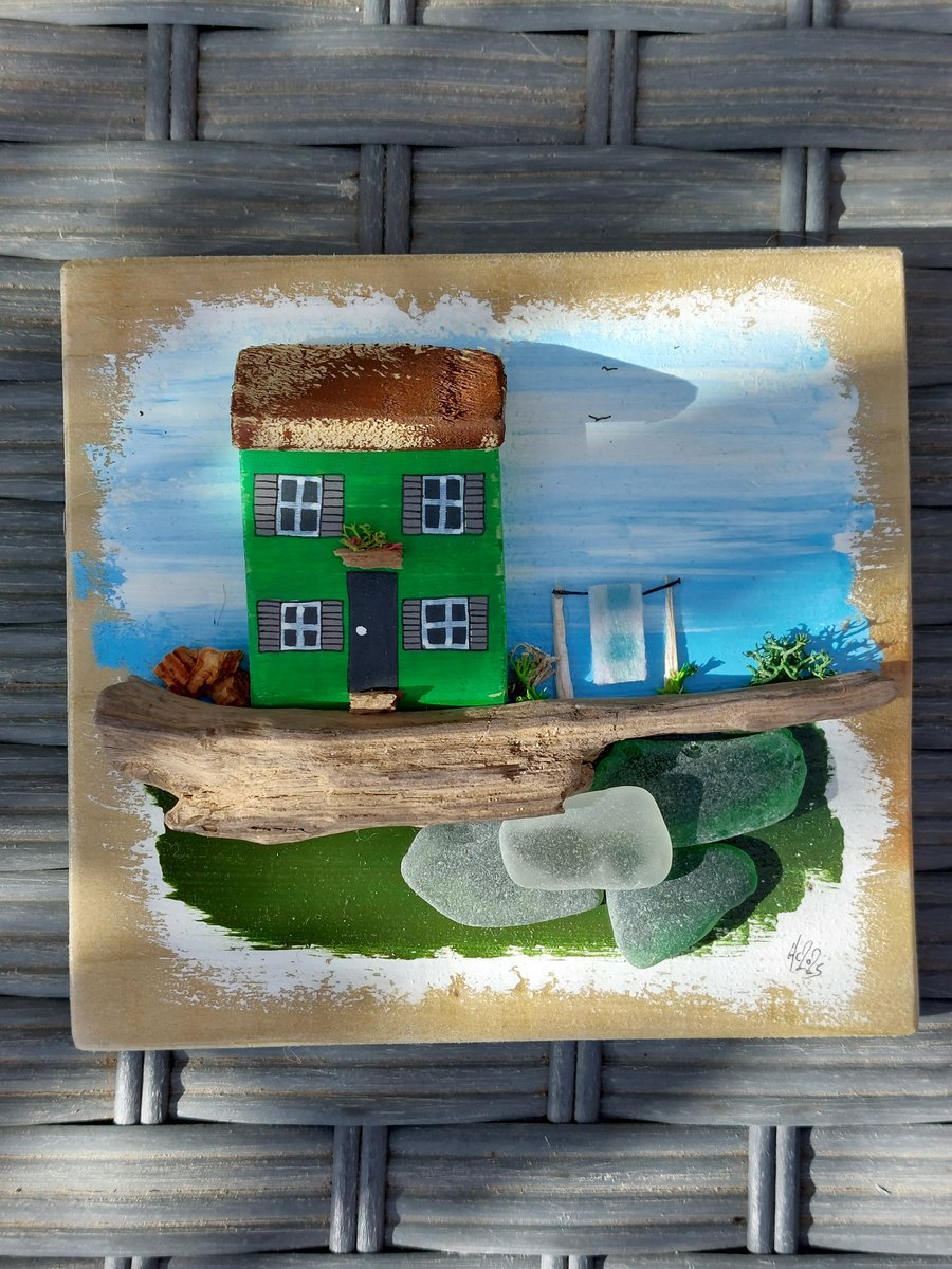Driftwood Green Painted Cottage on Reclaimed Wood, Sustainable and Recycled Gift