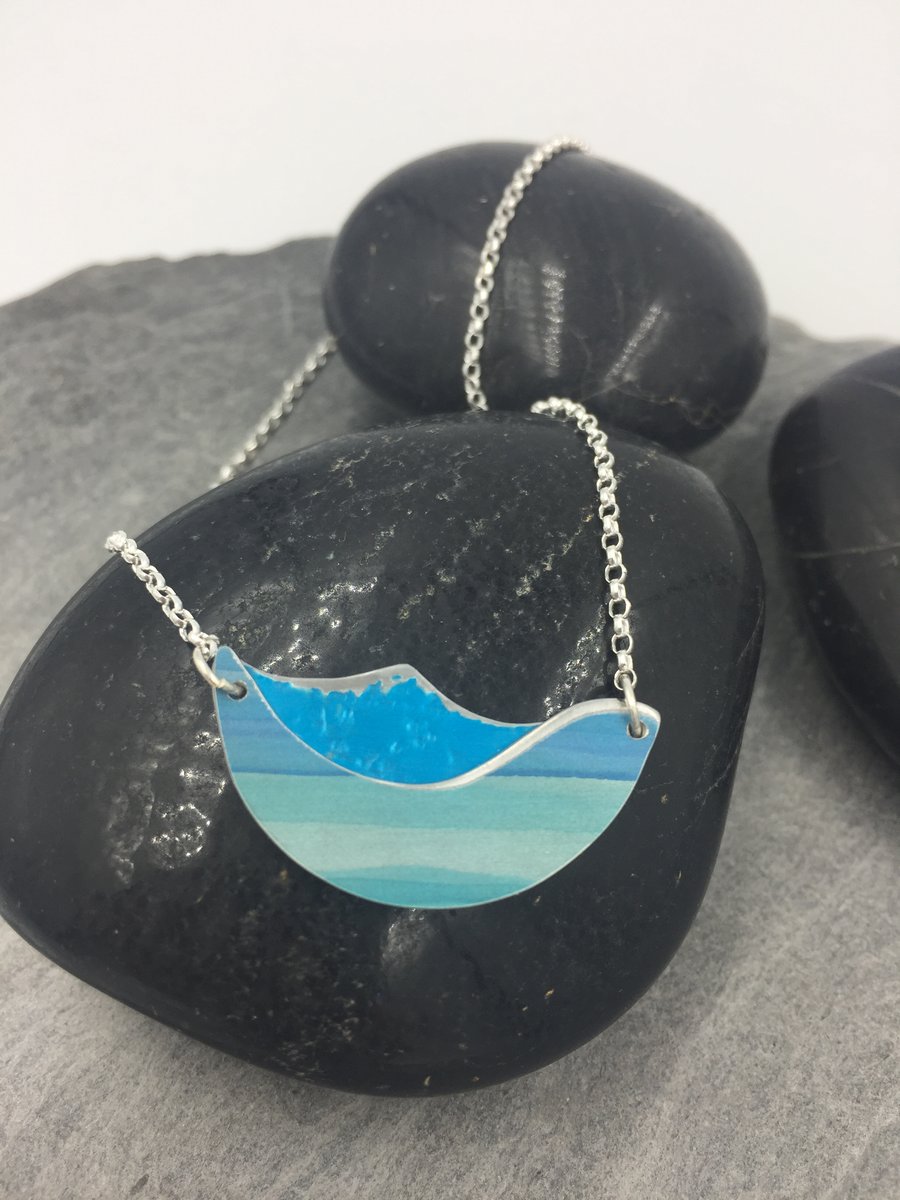 Handmade anodised aluminium ocean wave blue pendant