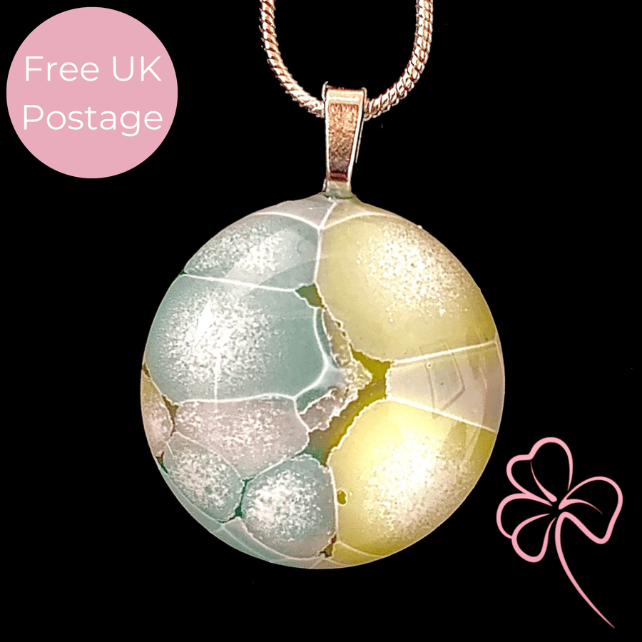 Pastel Yellow & Aqua Bubbles Fused Glass Pendant Necklace 