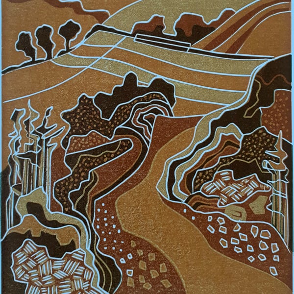 October, a Welsh Landscape inspired lino print.