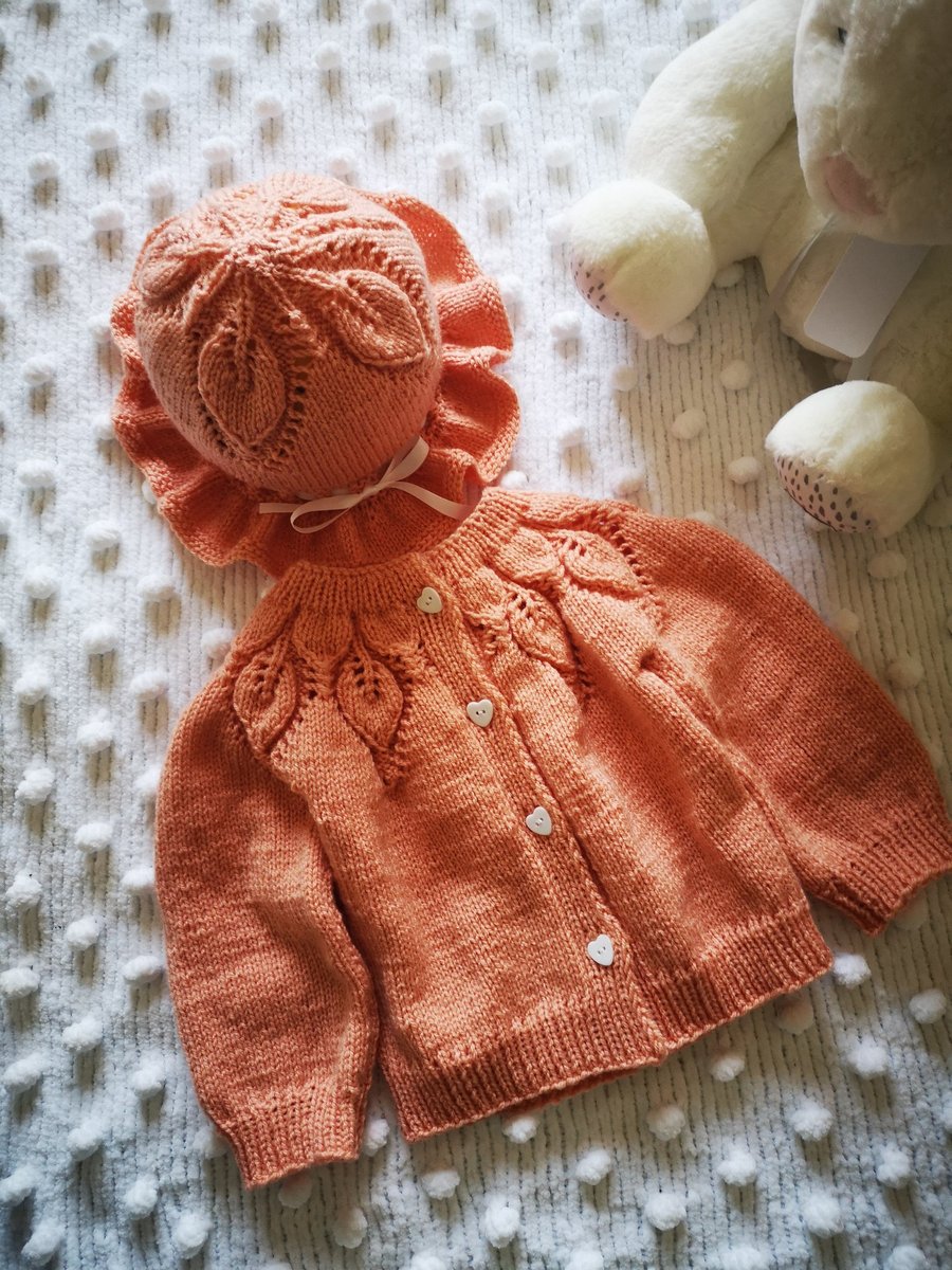 Hand knitted baby girl cardigan & Bonnet Set - 12-18 Months - Handmade Gift 