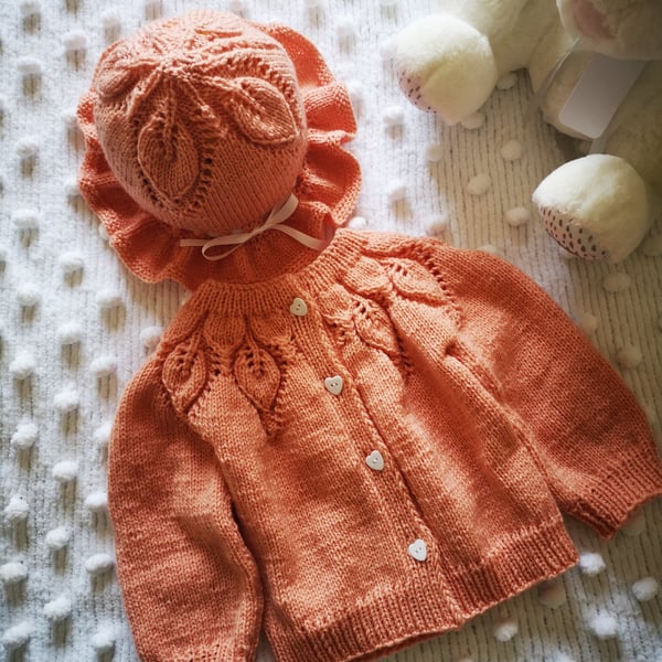 Hand knitted baby girl cardigan & Bonnet Set - 12-18 Months - Handmade Gift 