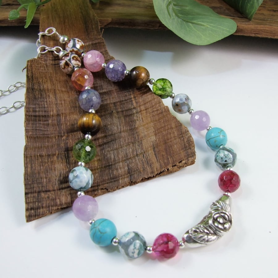 Sterling Silver and Mixed Gemstone Necklace with Artisan Silver Flower Bead