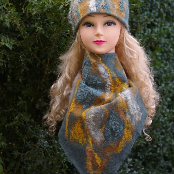 Merino Wool Felted Set Scarf Hat and Mittens