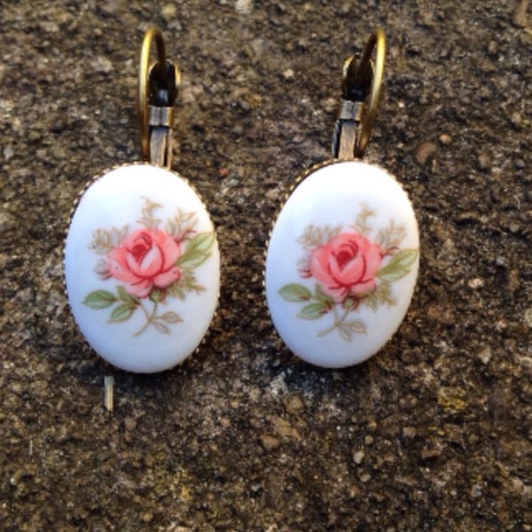 Vintage Floral Pink Rose Limoges Style Leverback Earrings