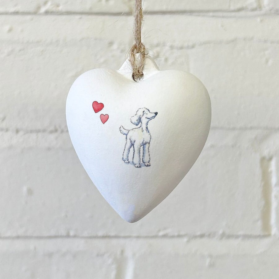 Poodle White Ceramic Heart Bauble