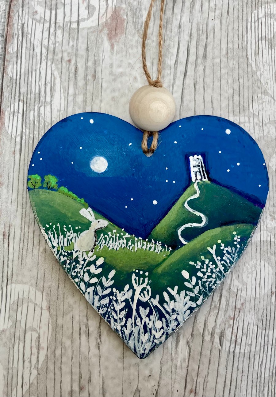 White Moon Hare & Glastonbury Tor Painting Wooden Heart Hanging Decoration