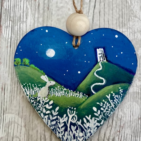 White Moon Hare & Glastonbury Tor Painting Wooden Heart Hanging Decoration