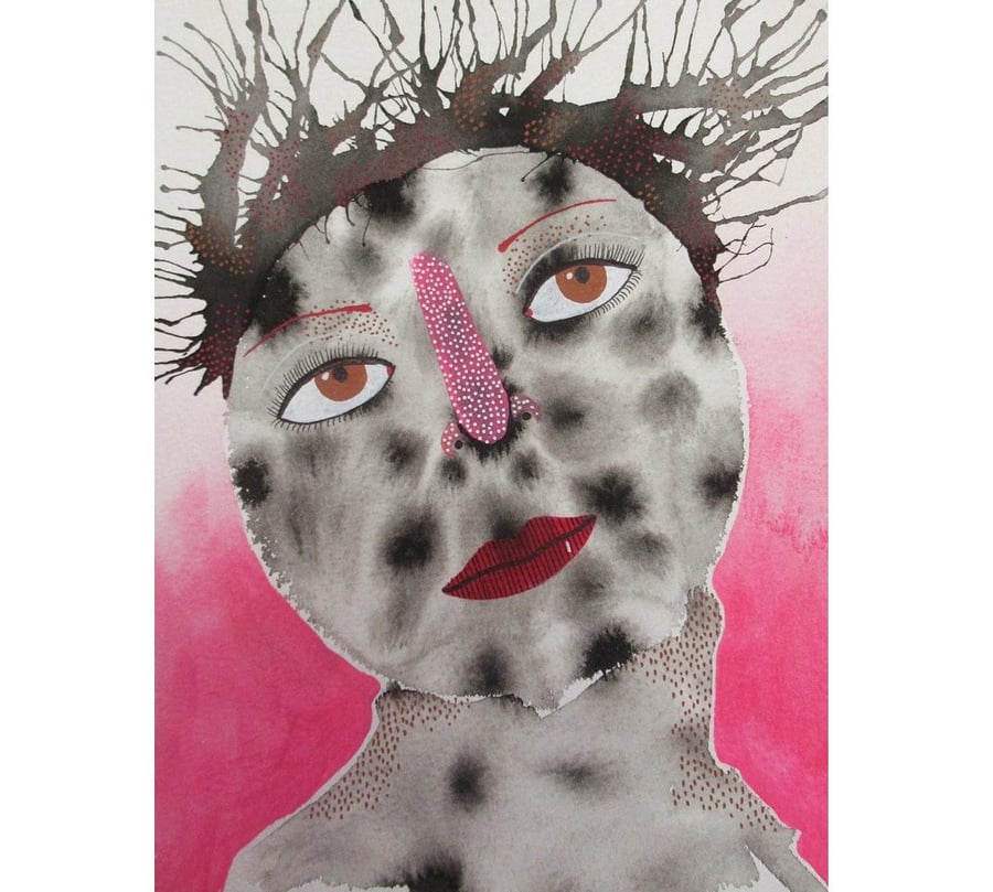 Original Ink Portrait Painting Naive Expressive Face Art Pink Grey Boho Artwork