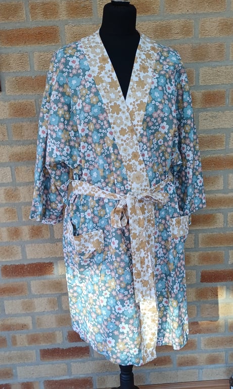 Bath Robe teal floral kimono style summer dressing gown one size 10 to 16