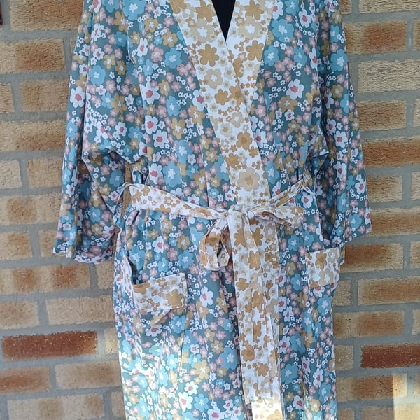 Bath Robe teal floral kimono style summer dressing gown one size 10 to 16