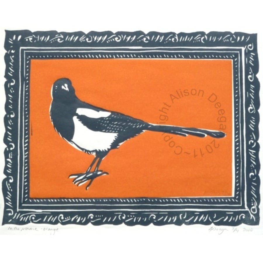 Original lino cut print "In the frame" in orange