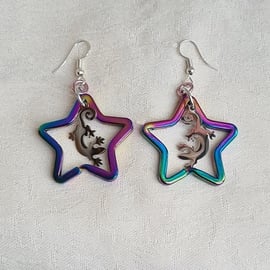 Gorgeous Rainbow Star and Silvery Lizard Earrings - Silver Tone Ear Wires.