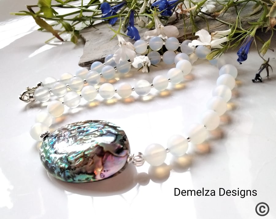 Frosted Opalite & Abalone Shell Silver Plated Necklace