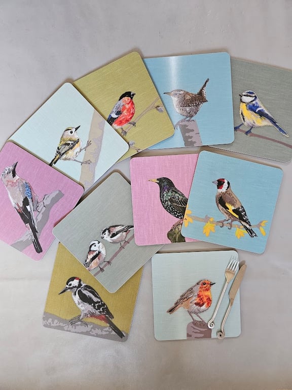 Garden bird melamine placemats collection, cork-backed 