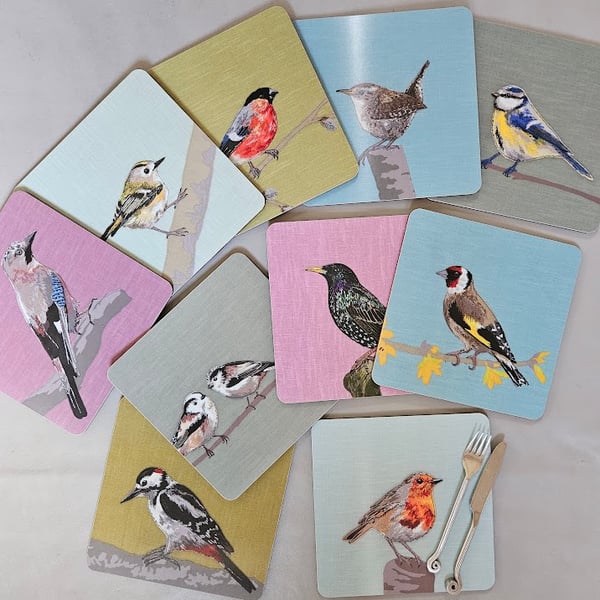 Garden bird melamine placemats collection, cork-backed 