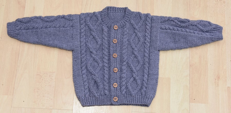 toddlers aran style hand knitted cardigan age approx 1 to 2 years in blue