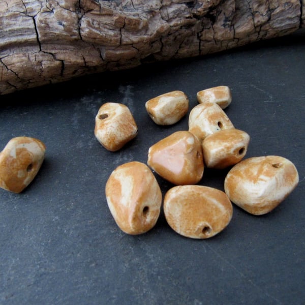 10 Small Pale Brown Glazed Nugget Pebble Clay Beads