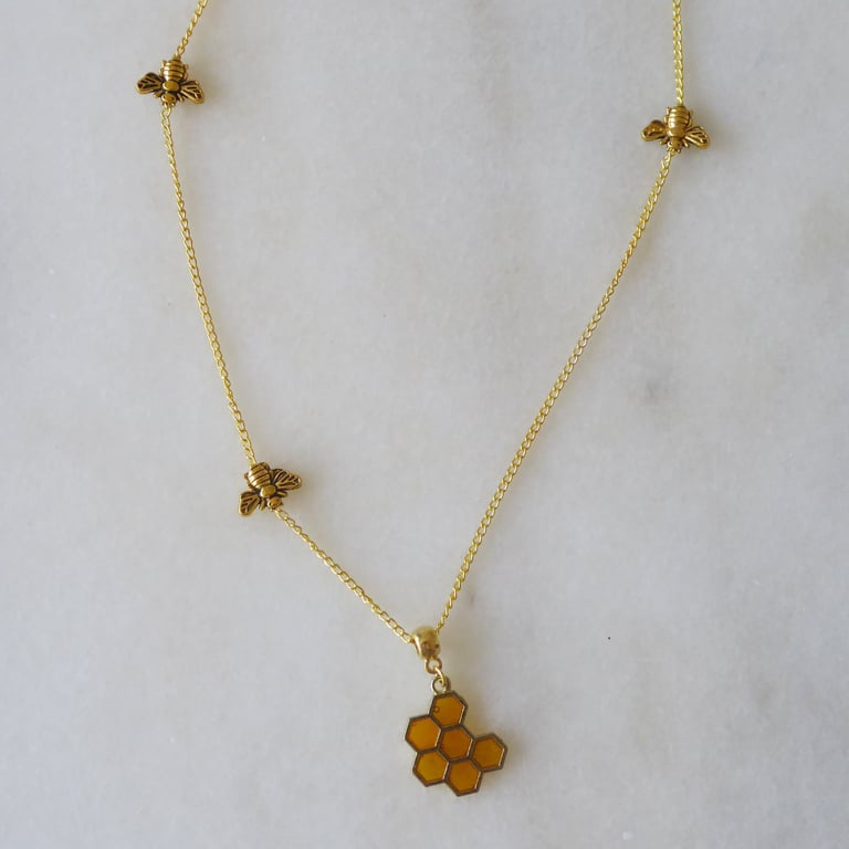 3 Bees and Honeycomb Pendant with gold plated Chain
