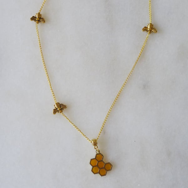 3 Bees and Honeycomb Pendant with gold plated Chain