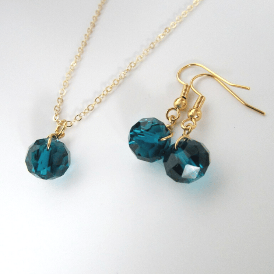 Teal Crystal Beads Gold Plated Earrings and Necklace Set