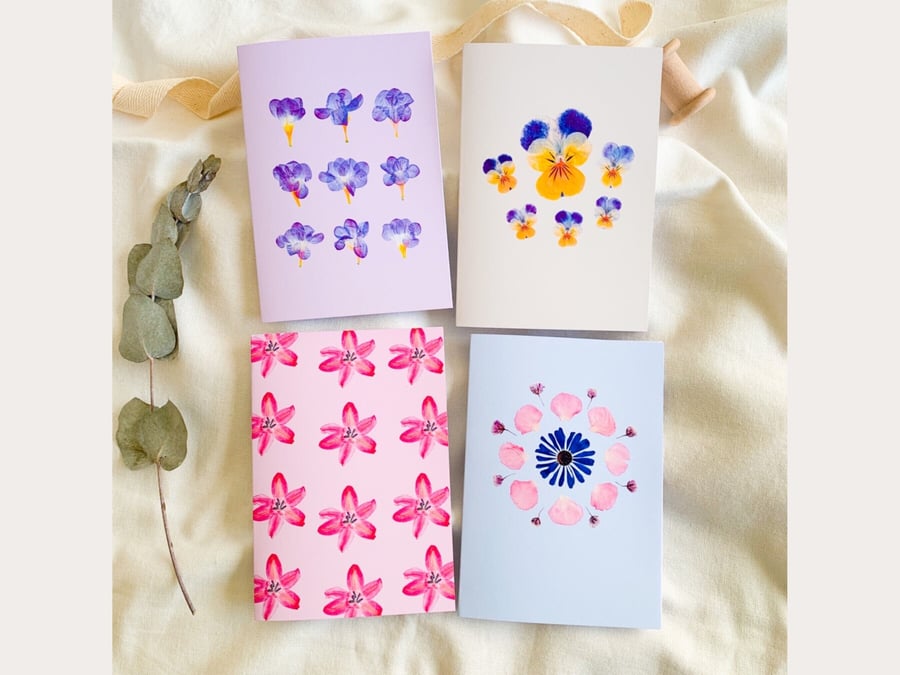 Pure Blossoms - Pressed Flower Card Print Set Set of 4 Flower Card Set Flower Gr