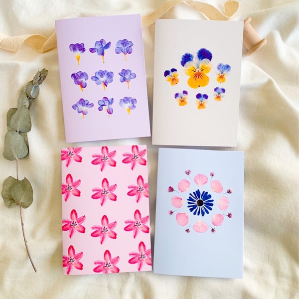 Pure Blossoms - Pressed Flower Card Print Set Set of 4 Flower Card Set Flower Gr